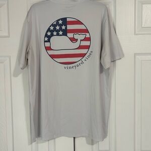 Vineyard Vines Gray and Red Short Sleeve Tee with American Flag Whale Logo